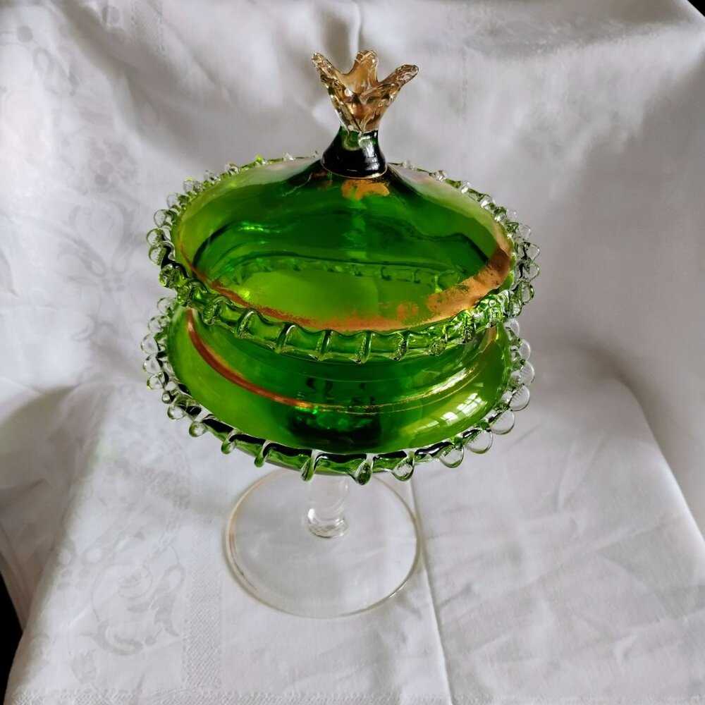 MCM Empoli Green Glass Compote Lidded Candy Dish Rigaree Edge Gilt Gold Romantic - Picture 11 of 13